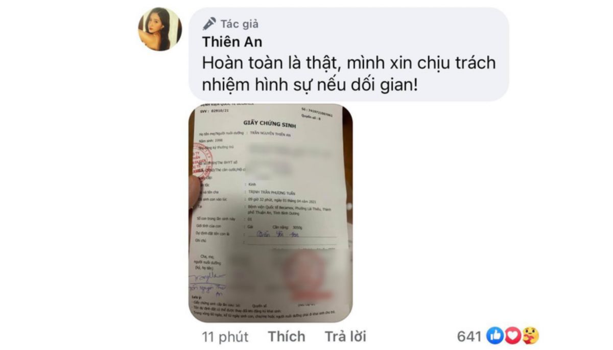 Thiên An đích thân tung giấy chứng sinh của con gái với Jack, tuyên bố chịu trách nhiệm hình sự nếu dối gian